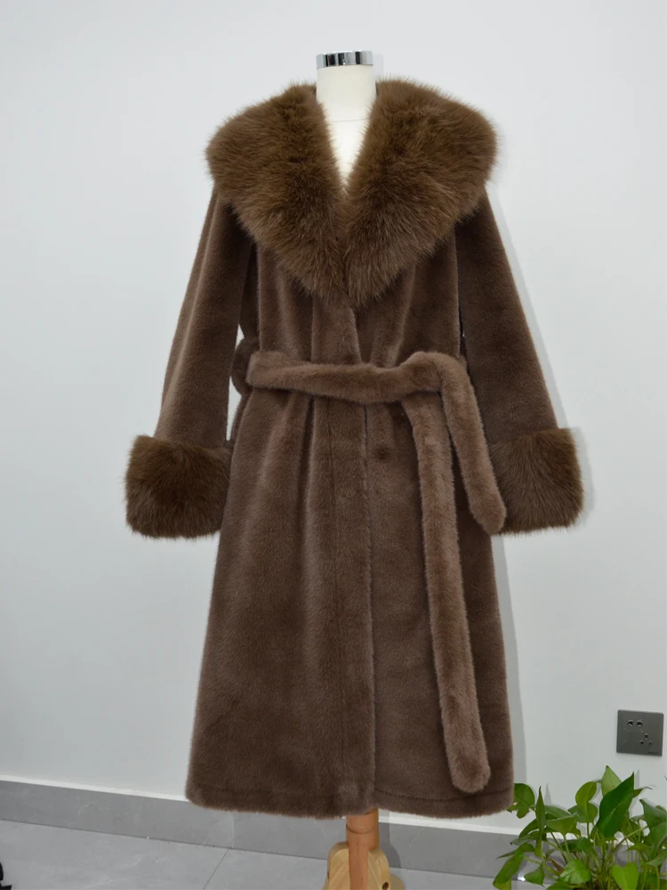 Winter Women Fake Fur Coat Long with Belt Warm Faux Fur Coat New