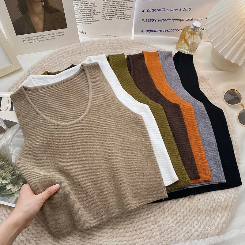 

Pearl Diary Women New Knitting Tops Fashion O-Neck Sleeveless Crop Top Pure Colour Casual All-Match Tank Top Short Slim Camis