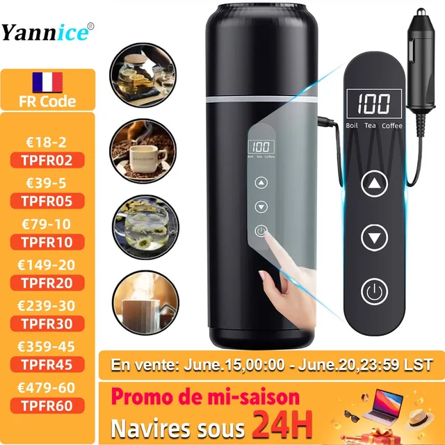 Bouilloire électrique portable 12V 24V, tasse chauffante pour voiture, 500 ml, chauffage de voyage, artefact d'isolation intelligent en acier inoxydable, affichage OLED 1