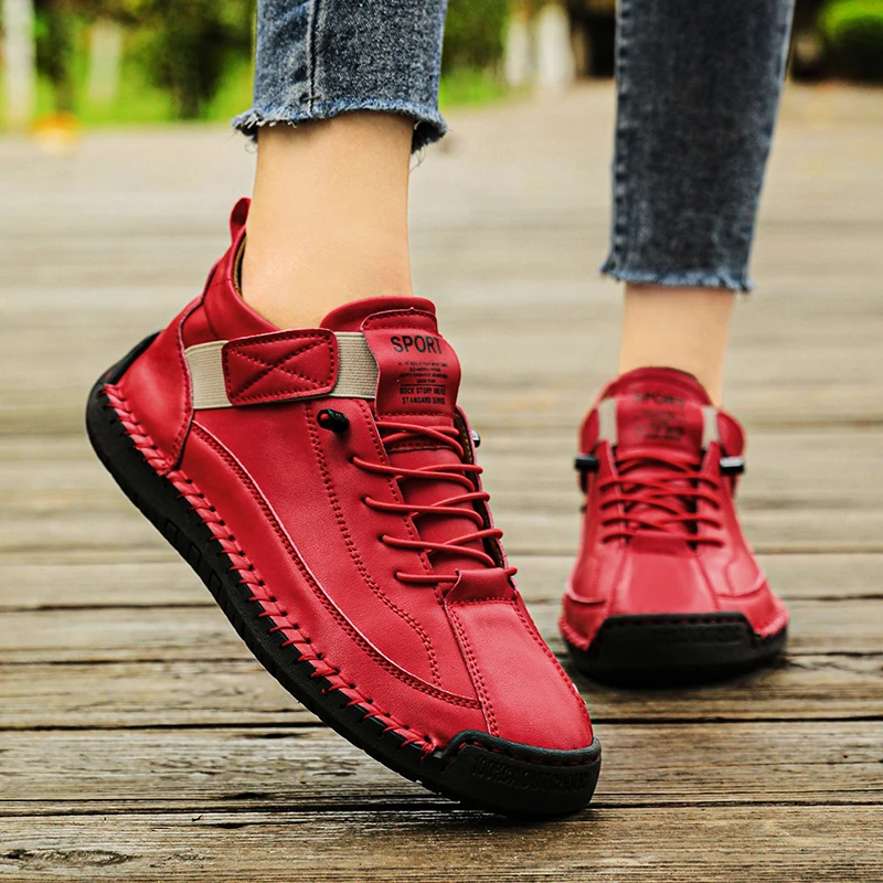 New Fashion Sneakers Handmade Leather Women's Shoes Mid-Top Women Casual Flats Shoes Slip on Loafers Zapatillas De Mujer