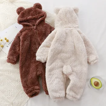 2025 Winter Baby Clothes Cute Cartoon Bear Baby Rompers Pajamas Infant Boy Girls Fleece Hooded Zipper Jumpsuit 0-36 Months 1