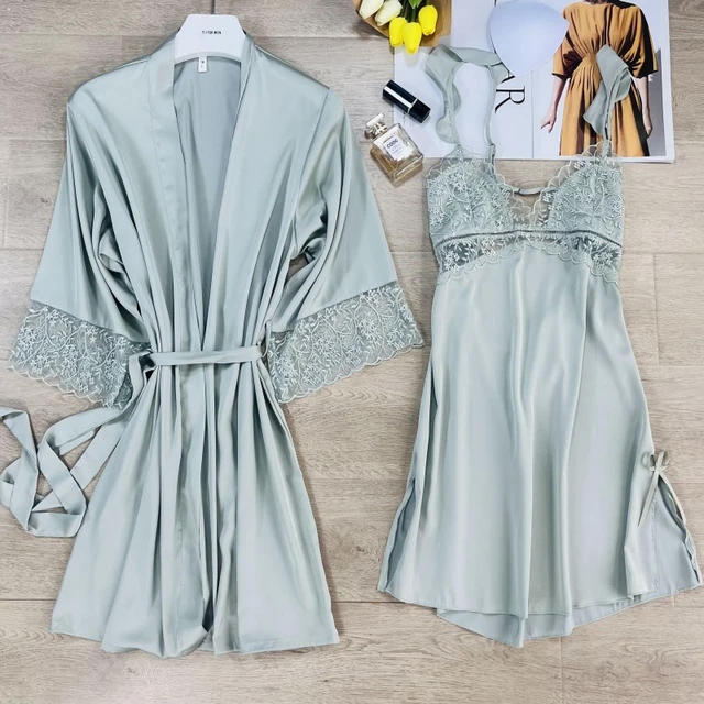 Twinset Robe Suit Female Spaghetti Strap Nightgown With Bathrobe Set Sexy  V-Neck Sleepwear Lace Patchwork