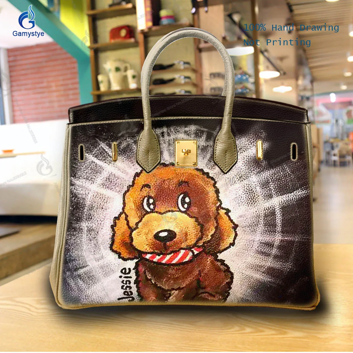 

Art Hand-Painting A small dog wearing a scarf Customize Totes For women Handbag Designer Shoulder Bag Genuine Leather Multicolor