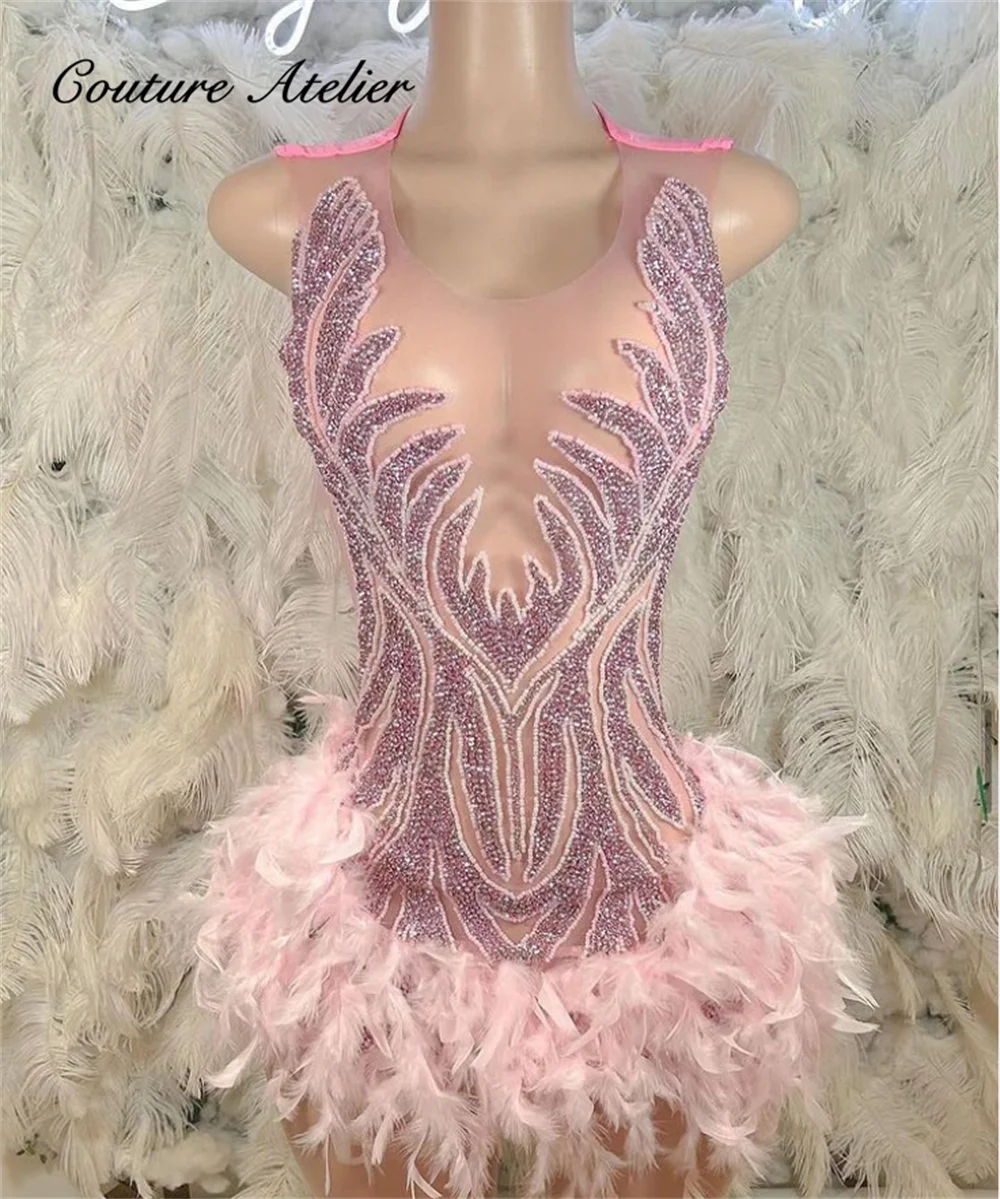 

Sexy Sparkly Pink Diamonds Prom Dress Feathers Mermaid Glitter Crystals Rhinestone Beads Birthday Party Cocktail Homecoming Gown