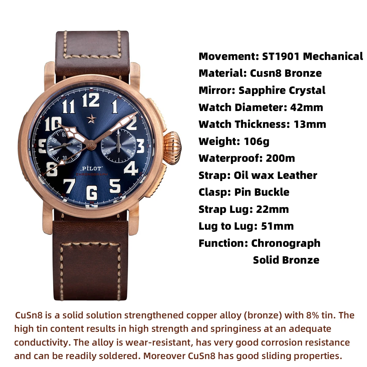 Sugess CuSn8 Bronze Pilot Watch of Mens Chronograph Mechanical