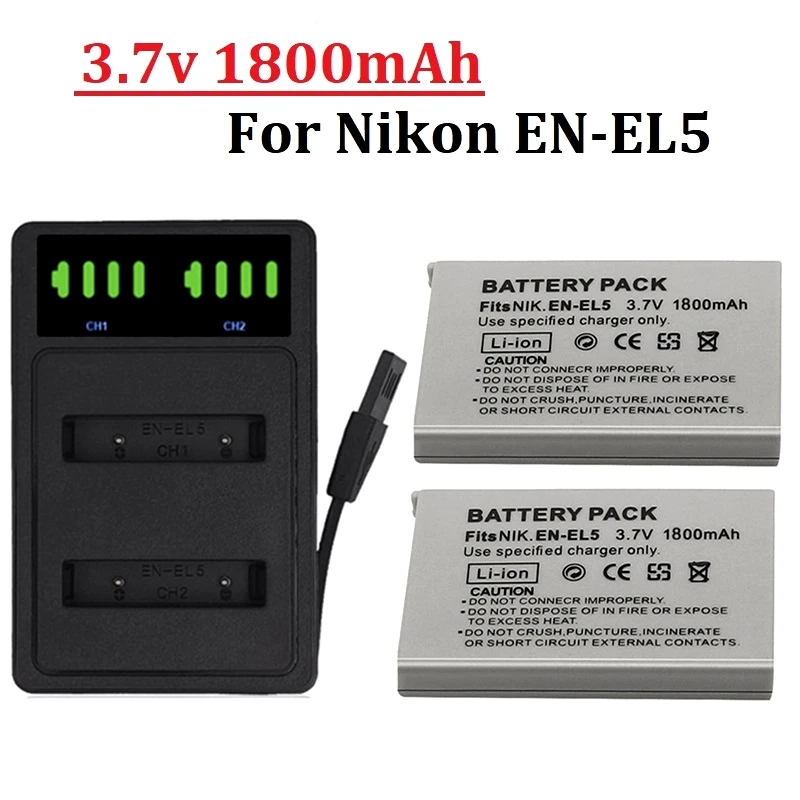 2 Batterie Shentec EN-EL5 Con Caricatore USB Per Nikon Coolpix 3700, 4200, 5200, P510 E Altri