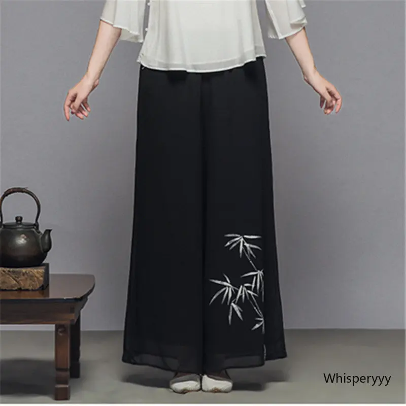 Double-layer Chinese Style Casual Chiffon Wide-leg Pants Women Trousers Summer Chinese Retro National Zen Yoga Skirt Pants