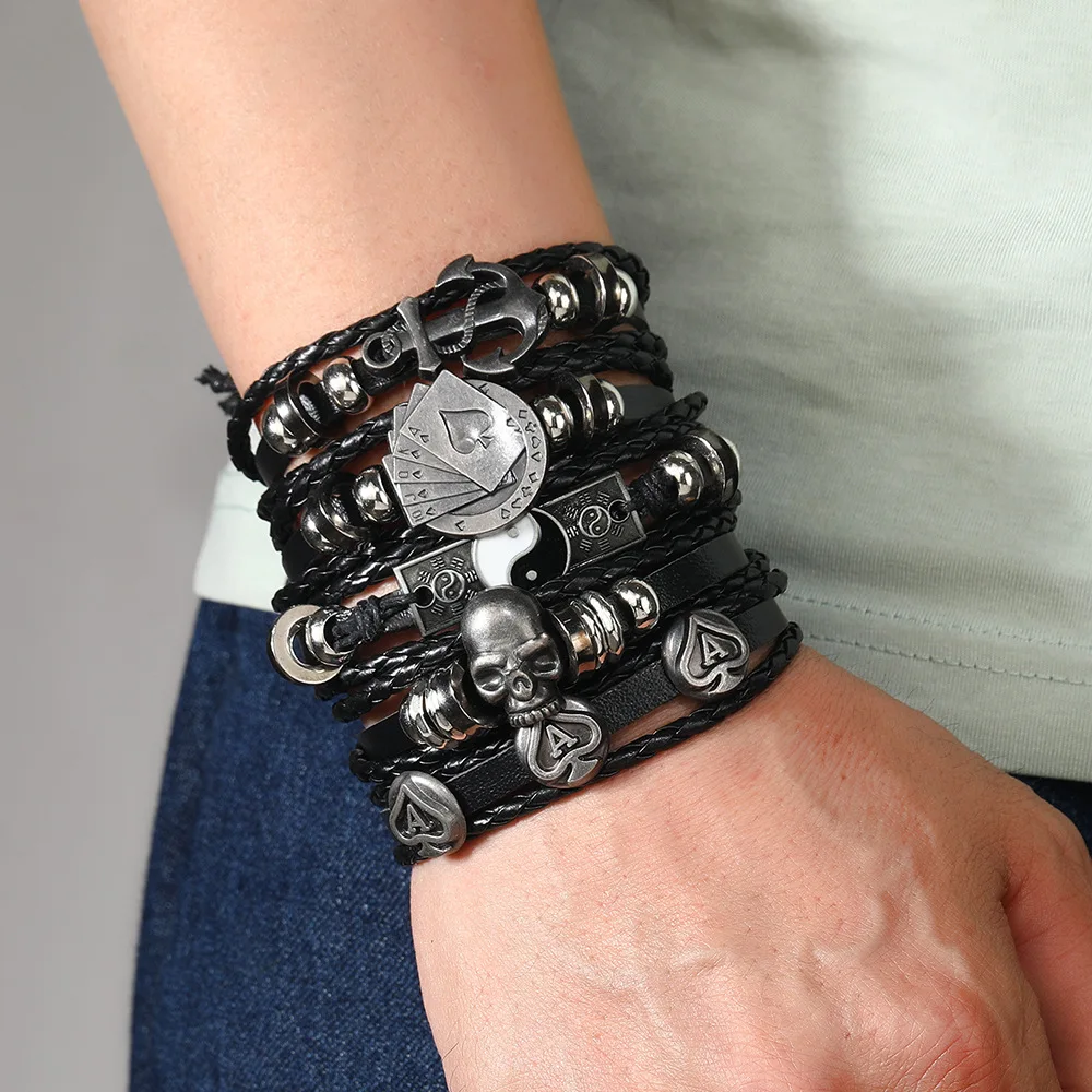 Leather Bracelet Fashion Skull Multi-layer Beaded Hand for Men Set Adjustable DIY Leather Winding Hand Rope