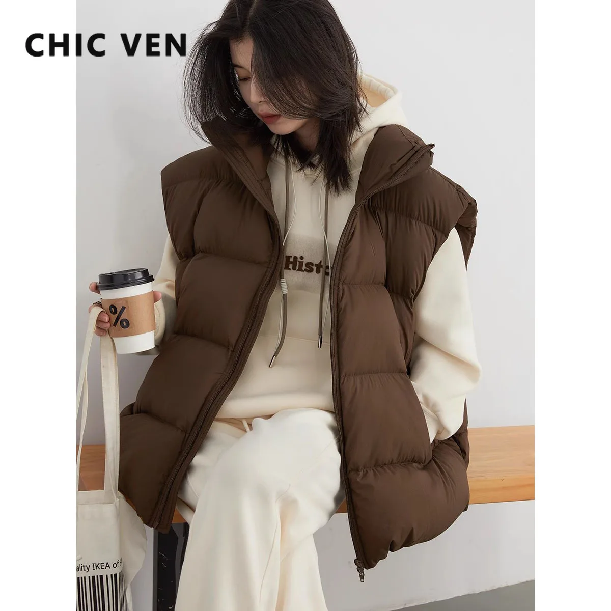 

CHIC VEN Women Vest Solid New Standing Collar Down Jacket Female Vests Sleeveless Woman Coat Autumn Winter 2023