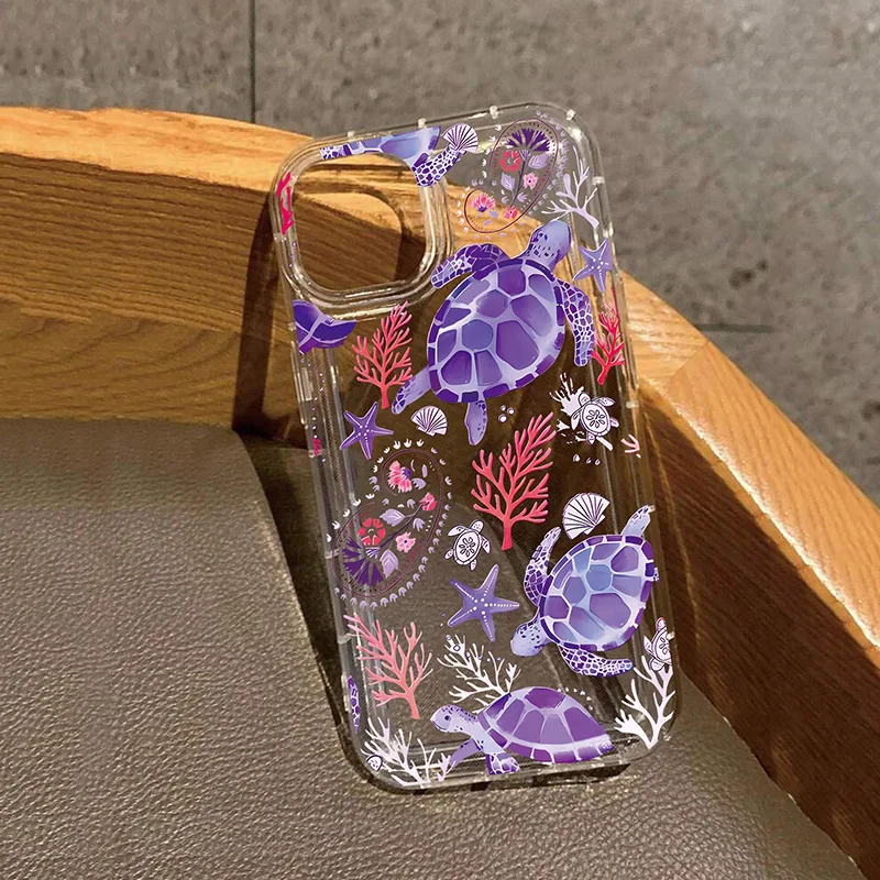 Chic Transparent Phone Case with Turtle Coral Seashell Design