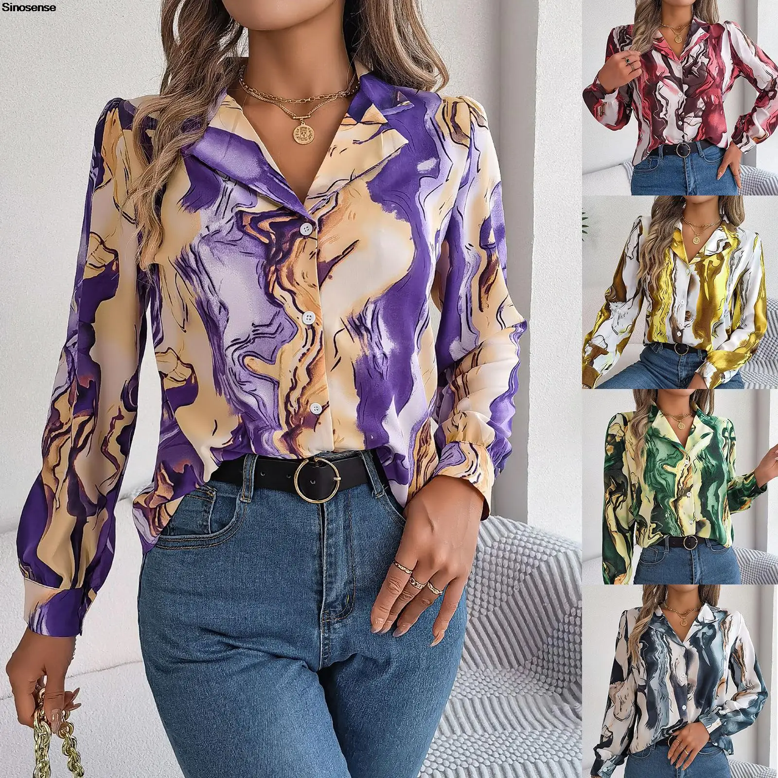 

Women Long Sleeve Button Down Elegant Shirts Dressy Casual Tops Color Block Striped Notched Business Office Work Blouses Tops