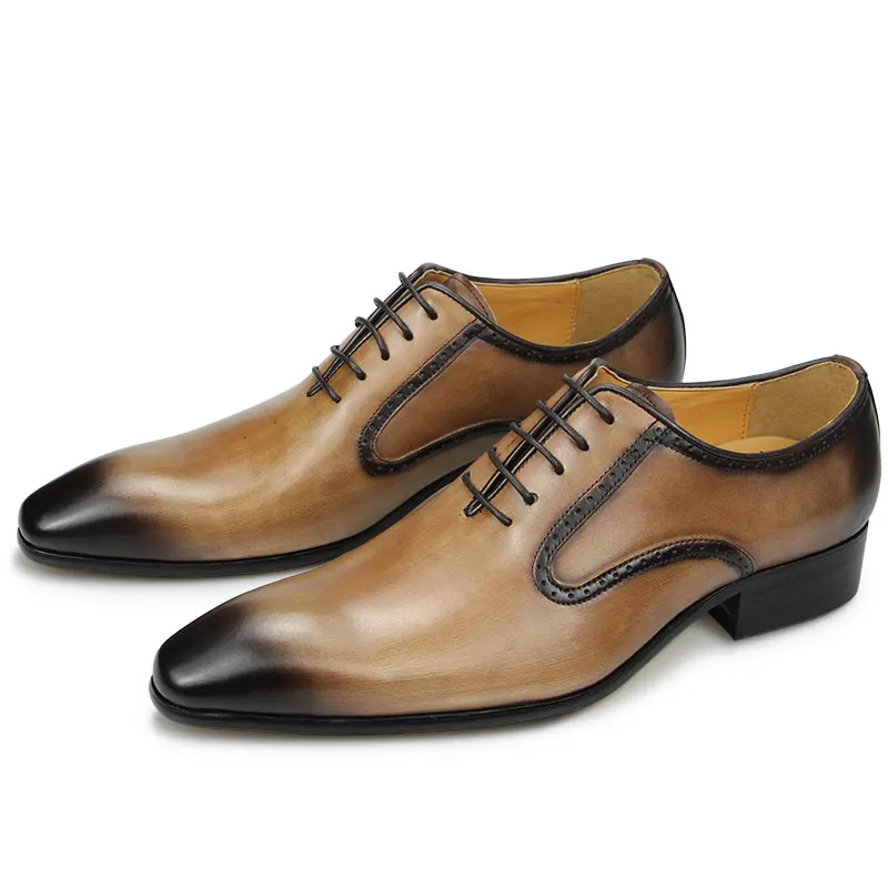 Men Shoes For Formal Business Dress Suits Handmade Genuine Leather Oxfords Footwear Wedding Party Black Khaki Color