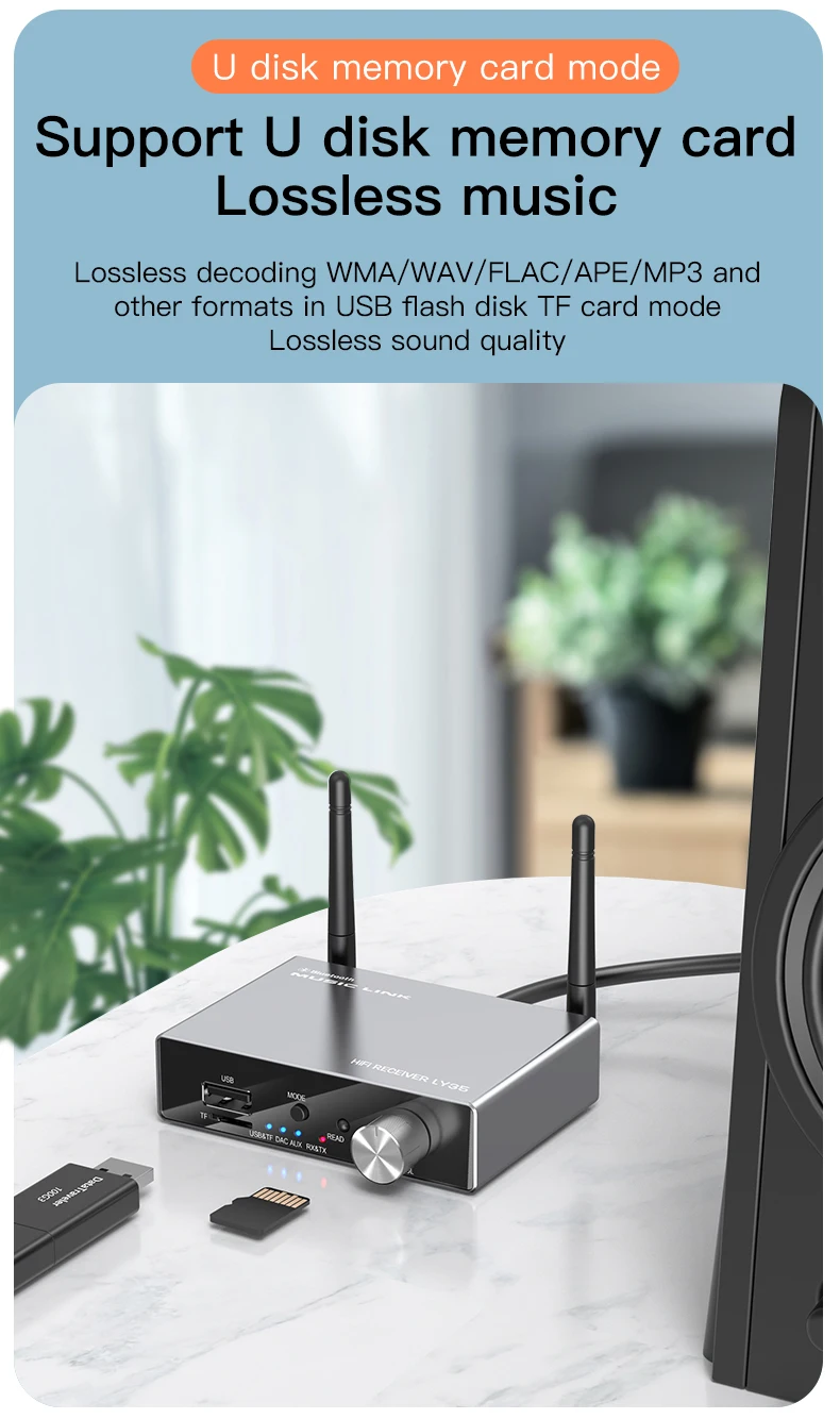 Receptor, Óptico Coaxial AUX, RCA, USB, TF,