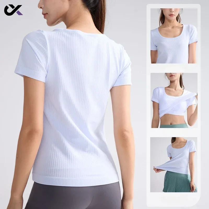 Yoga Sports Threaded Short Sleeved Women with Fixed Chest Pads Fitness Yoga Clothes Summer Thin Oversized Fitness Short Sleeved