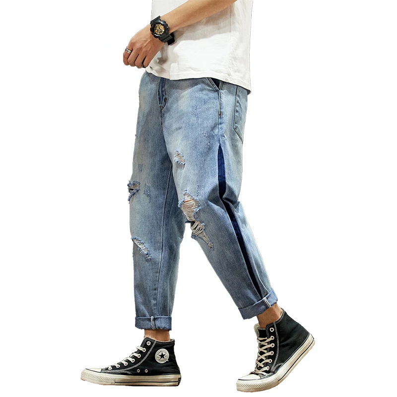 

Mens Ripped Jeans Light Blue Distressed Broken Hole Streetwear Cropped Pants Denim Jeans Men Striped Wide Leg Baggy Oversize 42