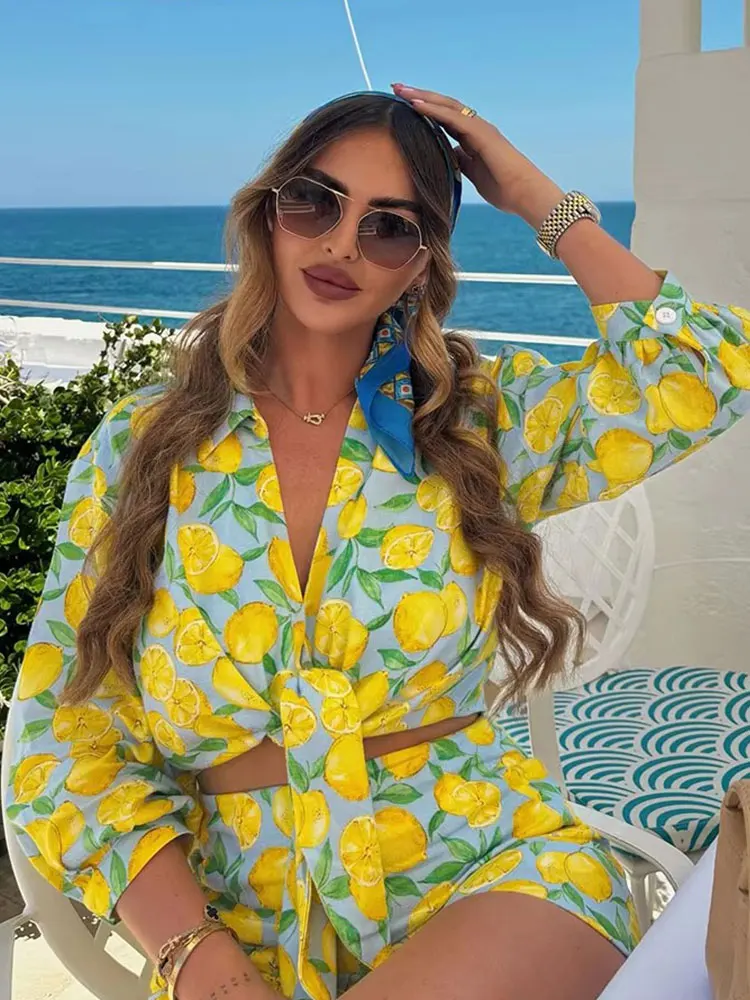 HH Fashion Fruit Print Shorts Sets Women Elegant Pleated Lace Up Blouse Top Chic Short Pant 2 Pieces Summer Linen Lady Suits