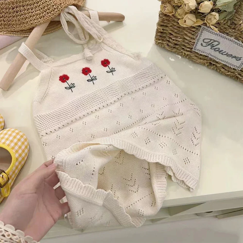 Summer New 2-7Years Girls Round Neck Knitted Flower Embroidered Hollow Out Tank Top Dress Children's Fashion Casual Clothes