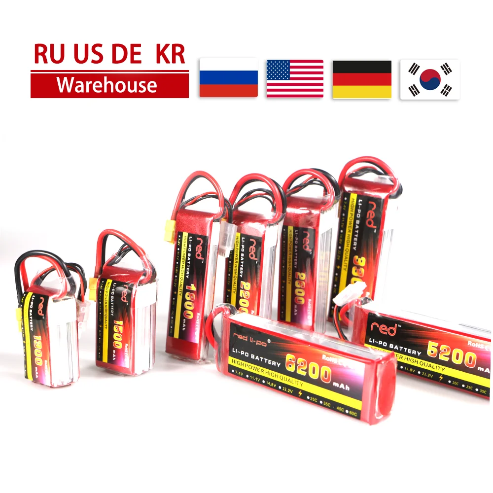 

RED RC Lipo Battery 2S 3S 4S 6S 7.4V 11.1V 14.2V 22.2V 1300 1800 2200 2600 3300 4200 5200mAh 6200kh Battery XT60-T Deans Plug