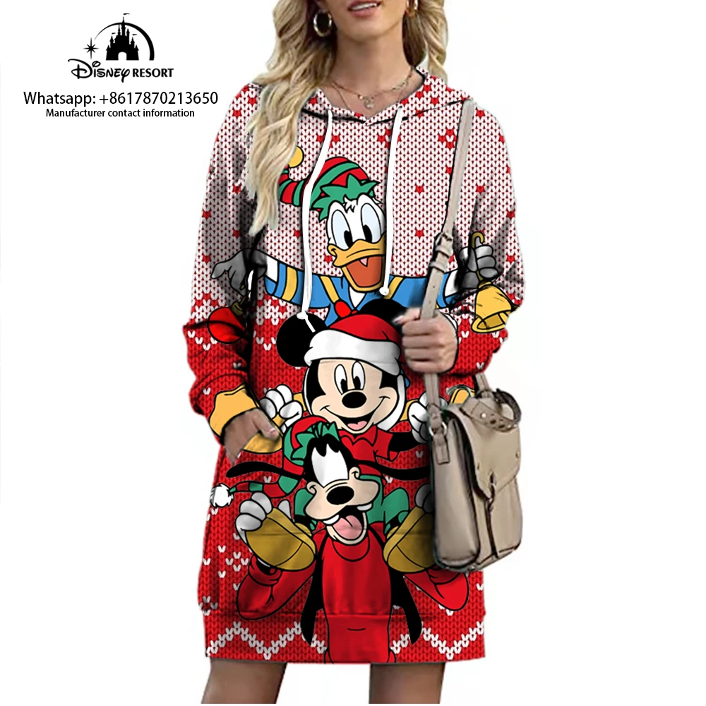 Winnie the Pooh and Mickey Cartoon Christmas Collection Streetwear Disney Brand Long Hoodie Fall New Mini Sexy Dress 2022