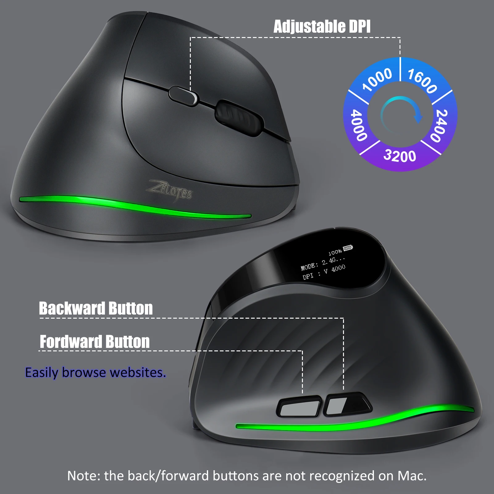 Lefon Programming Vertical Mouse Ergonomic Wireless Bluetooth Mouse 4000DPI with OLED Screen Gaming Mice for Computer PC Laptop