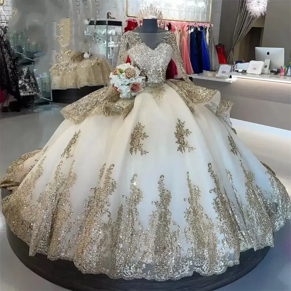 

Бальное платье с золотистой аппликацией, платья для Quinceanera, платья для 15 лет, официальное платье на день рождения, бальное платье для выпускного, корсет на спине со шлейфом