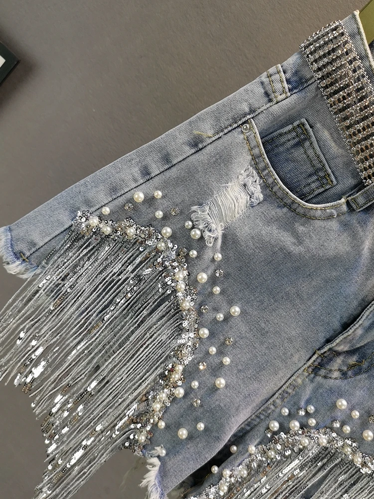 2024 Spring Summer Denim Shorts for Women New European High Waist Slim Bottom Ripped Beaded Fringed Wide Leg Short Pants