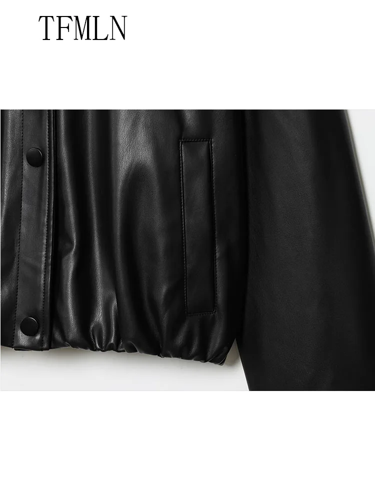 Casual Chic Faux Leather Bomber Jacket For Women 2025 New Retro Single Breasted Long Sleeve Cropped Coat Fashion 2025 Autumn