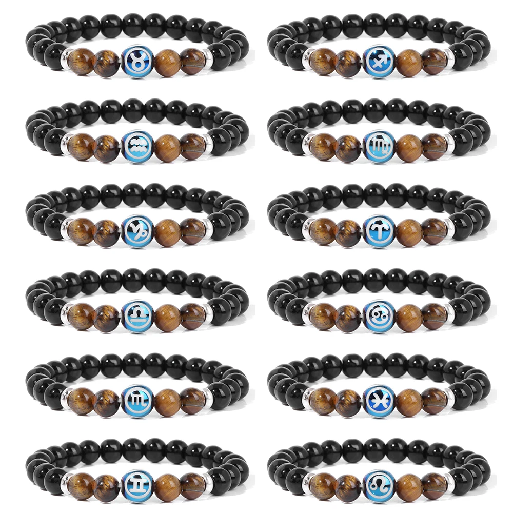 

Классический Браслет из натурального камня, бусины тигрового глаза, 12 созвездий, шарм, эластичный браслет для мужчин и женщин, полезные ювелирные изделия