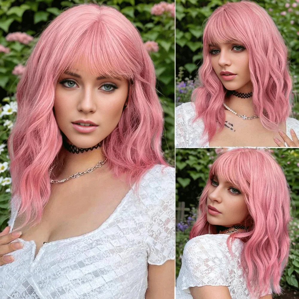 Short Curly Bob Wig with Bangs, Shoulder Length, Wavy Synthetic Wig, Natural Looking, Pink, 14