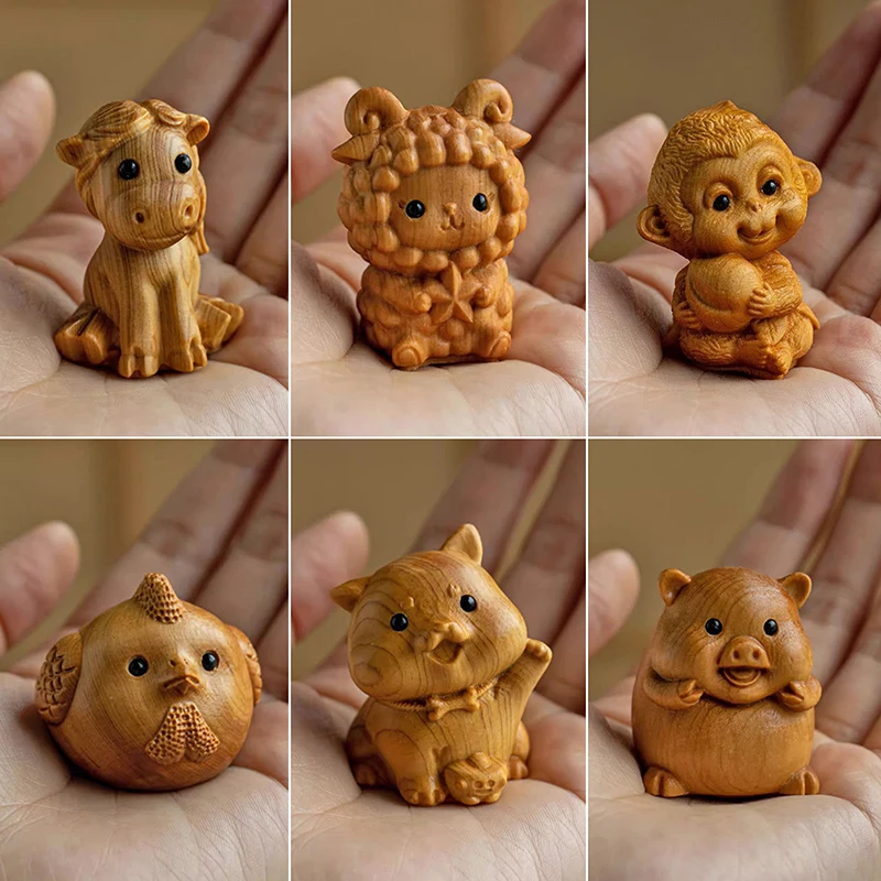 Carving Twelve Zodiac Mini Ornaments Mouse Ox Tiger Rabbit Dragon Snake Office Desktop Cute Little Animal Decorations Kids Gift