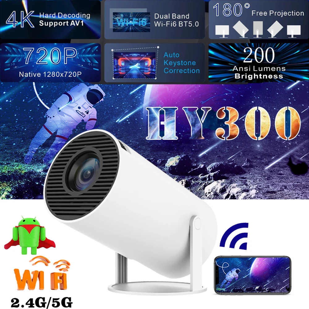 

Original New Mini Projector HY300 4K Smart Android 12 Dual WiFi6 200ANSI BT5.0 Home Office Cinema Outdoor Portable Projetor