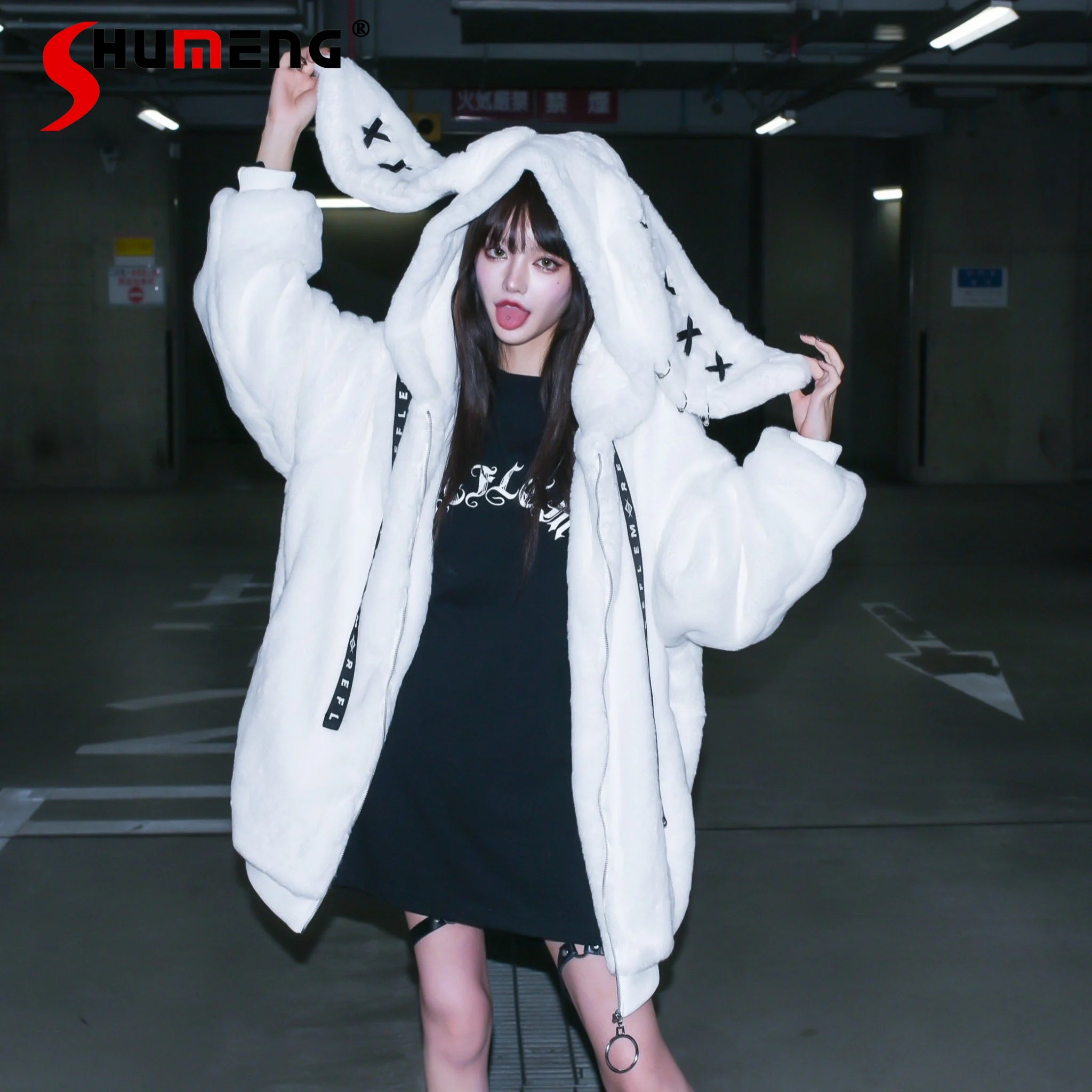 Japanese Style Subculture Y2k Faux Fur Coat Harajuku Mine Style Cute Rabbit Ear Imitation Fur Plush Hooded Jacket Fluffy Jackets