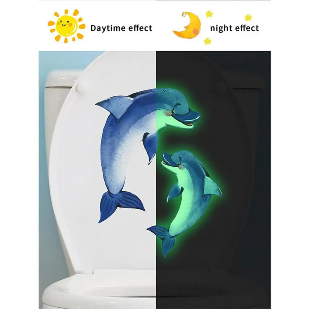 30*22cmv Glow-in-the-dark Dolphin Toilet Sticker Removable Self-adhesive Waterproof PVC Bathroom Toilet Lid Decoration Decal