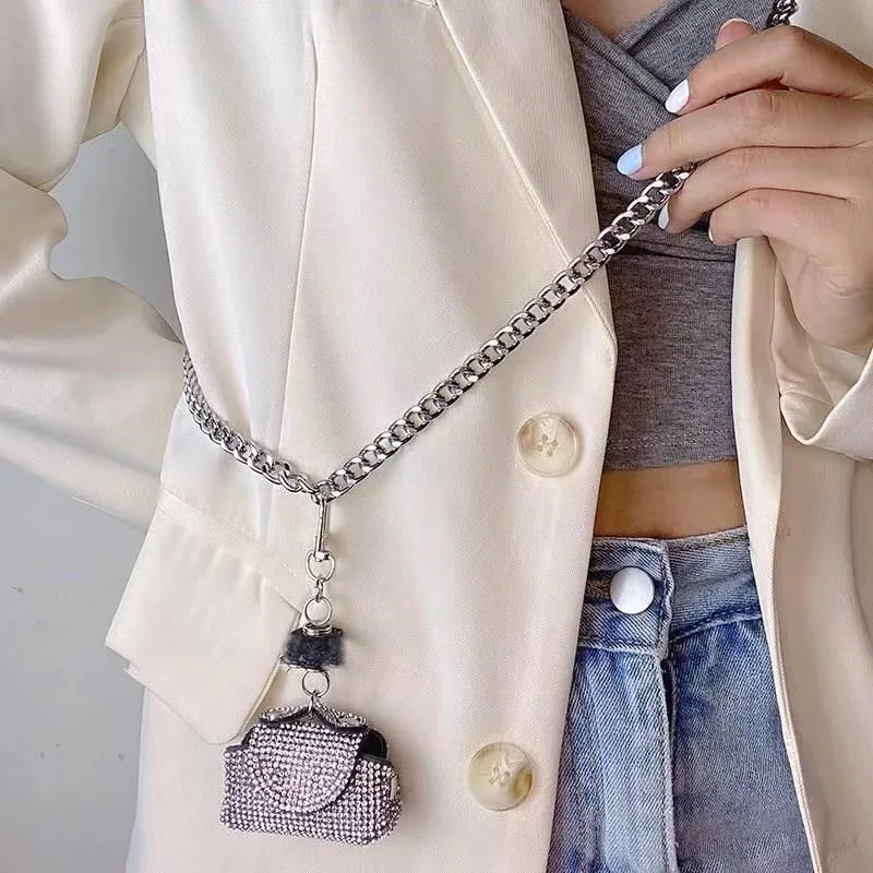 

Women Waist Pack Mini Chain Belt Bag Silver Pin Buckle Strap Belt Female Diamond Inlaid Shoulder Fanny pack Hip Bum Bag