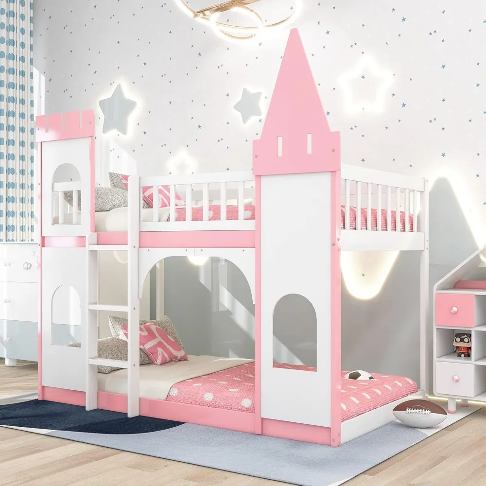 Twin Size Loft Bed Low Bunk Beds,Castle Shaped Wood Bed Frames with Safety Guardrails for Boys or Girls, Pink 3