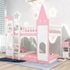 Twin Size Loft Bed Low Bunk Beds,Castle Shaped Wood Bed Frames with Safety Guardrails for Boys or Girls, Pink 3