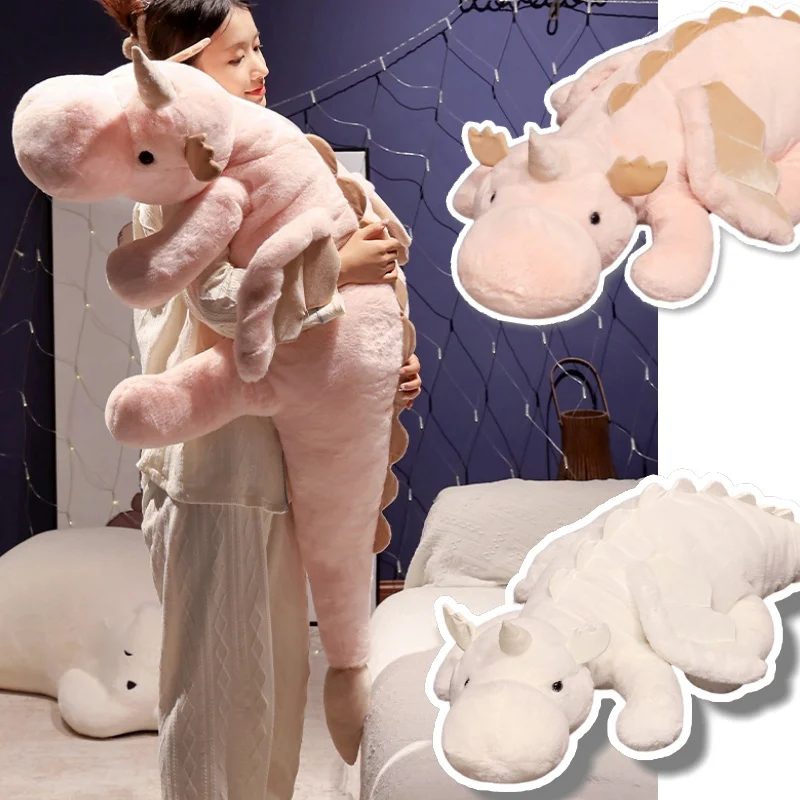 1pc 70-150cm Giant White Dragon Plush Toy With Unicorn Horn Flying