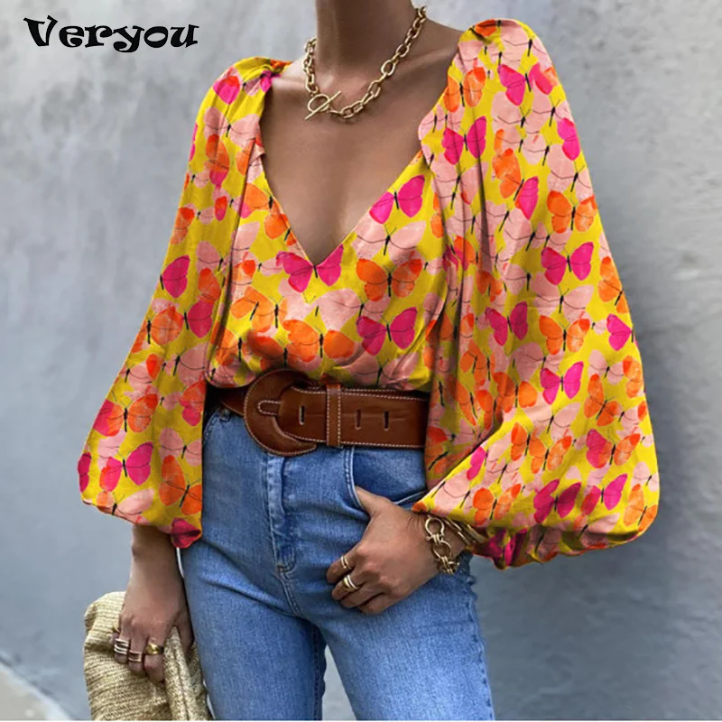 Blusa de manga ancha con cuello en V para mujer, blusa con estampado de mariposas y Retro francés, primavera y otoño, 2022 - AliExpress Ropa de mujer