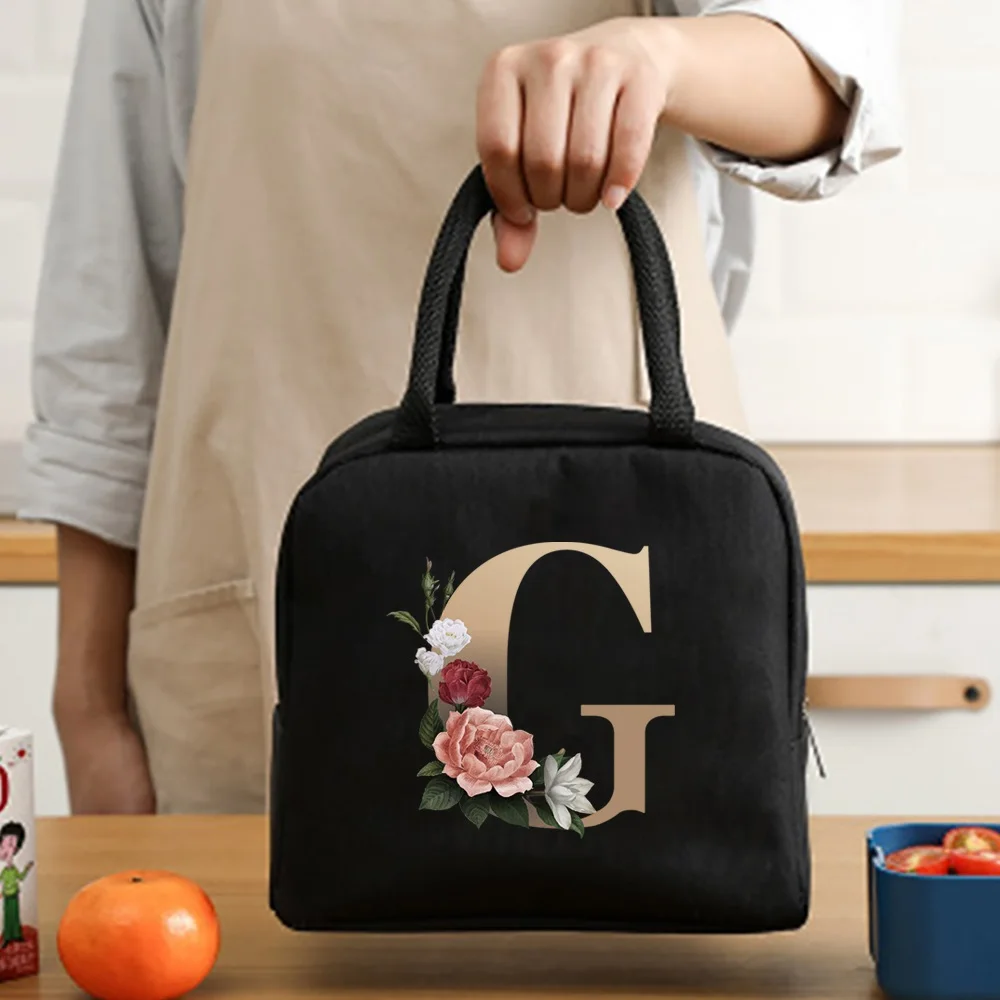 Lunch Bag Cooler Tote Portable Insulated Thermal Canvas Bag Food Picnic Unisex Travel  Lunchbox Organizer Bags Gold Letter Print