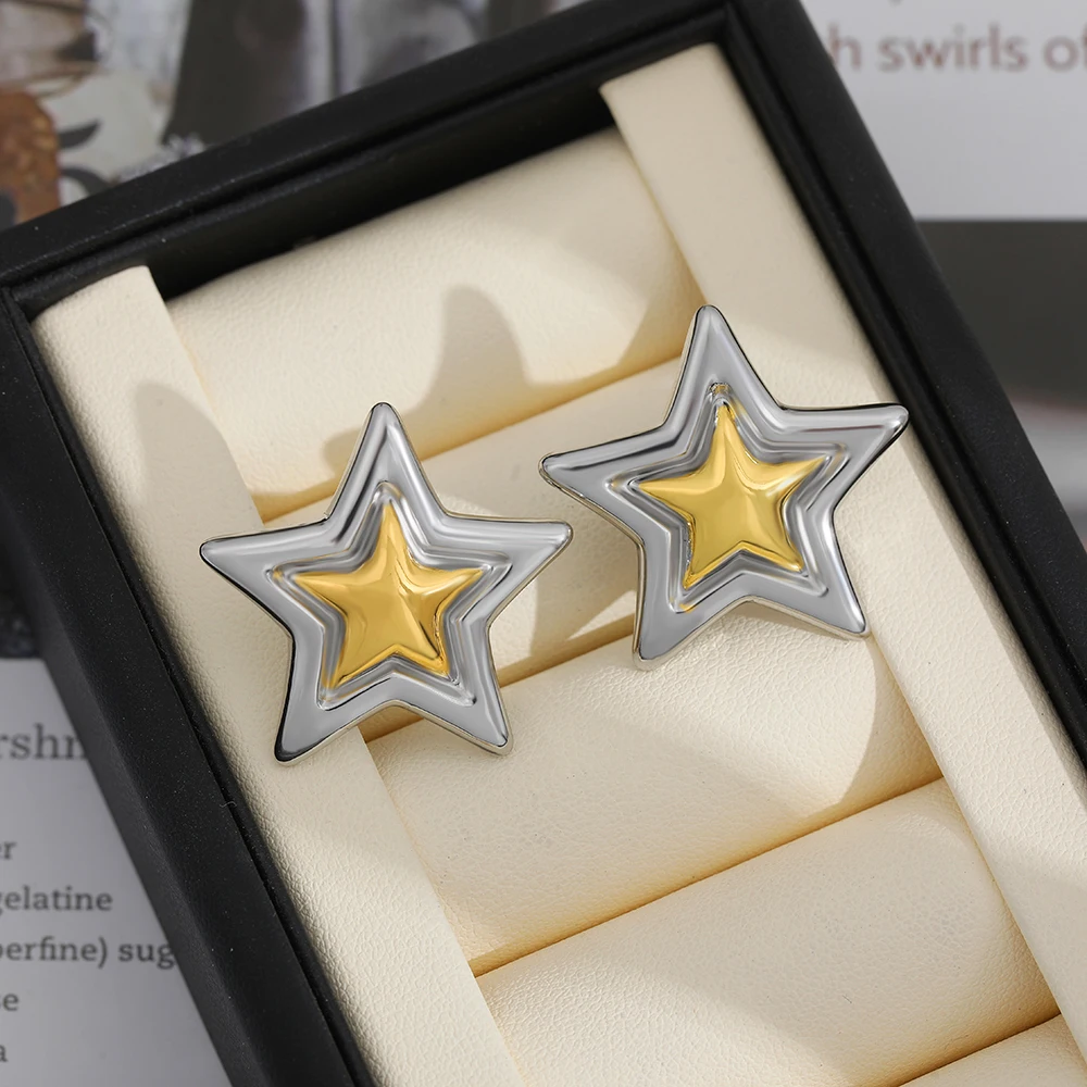 Cute Simple Gold&silver Mix Color Star Stud Earrings for Women Hypoallergenic Delicate Waterproof Geometric Stud Jewelry Gifts