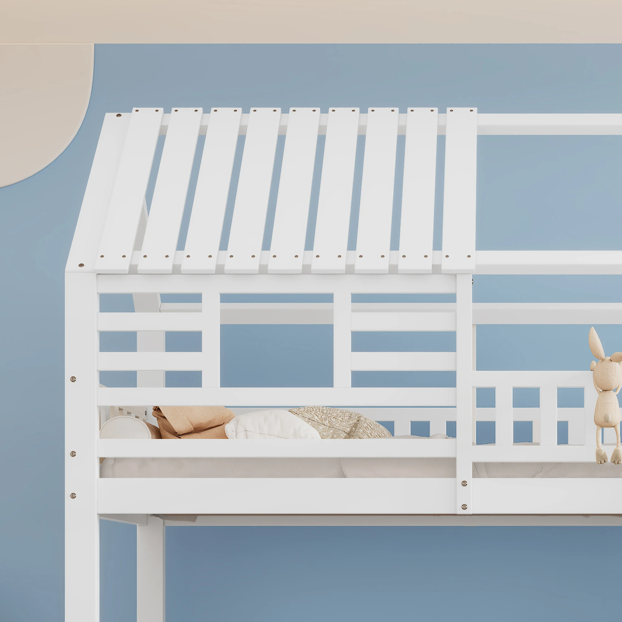 Etagenbett mit Treppe und Rutsche, Hausbett, Treppe mit Stauraum, Rahmen aus Kiefer und MDF, Kinderbett mit Fenster und Dach – Detail 17