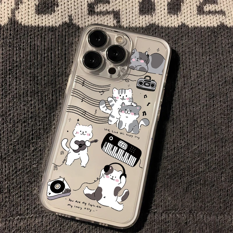 Luxurious Clear Black Guitar Cat Phone Case