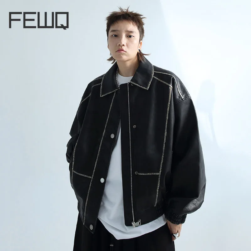 

FEWQ Men PU Leather Jacket Silhouette Washed Vintage Short Coat 2023 Bright Line Decoration Single Breasted Male Tops 24X1625