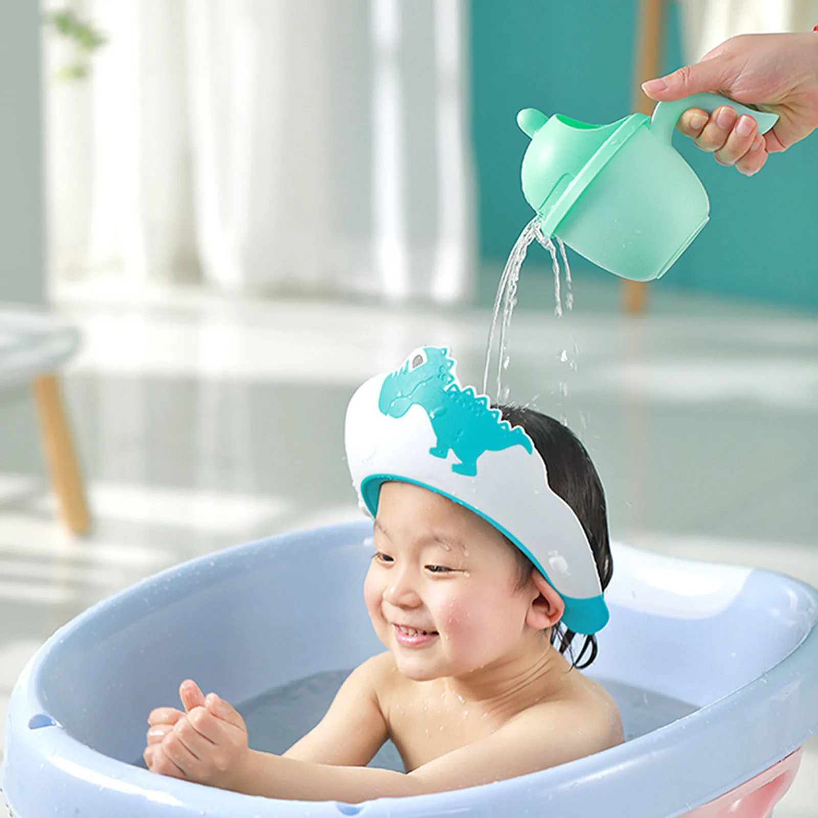 AdjustableBabyShowerCapDinosaurShapeWashHairShieldShampooHatForBabyBathEar
