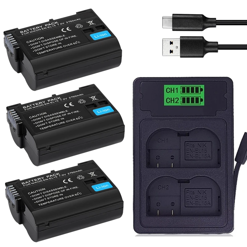 

2750mah EN-EL15 EN EL15 ENEL15 BATTERY EL15 For Nikon DSLR D600 D610 D800 D800E D810 D850 D7000 D7100 D7200 L50