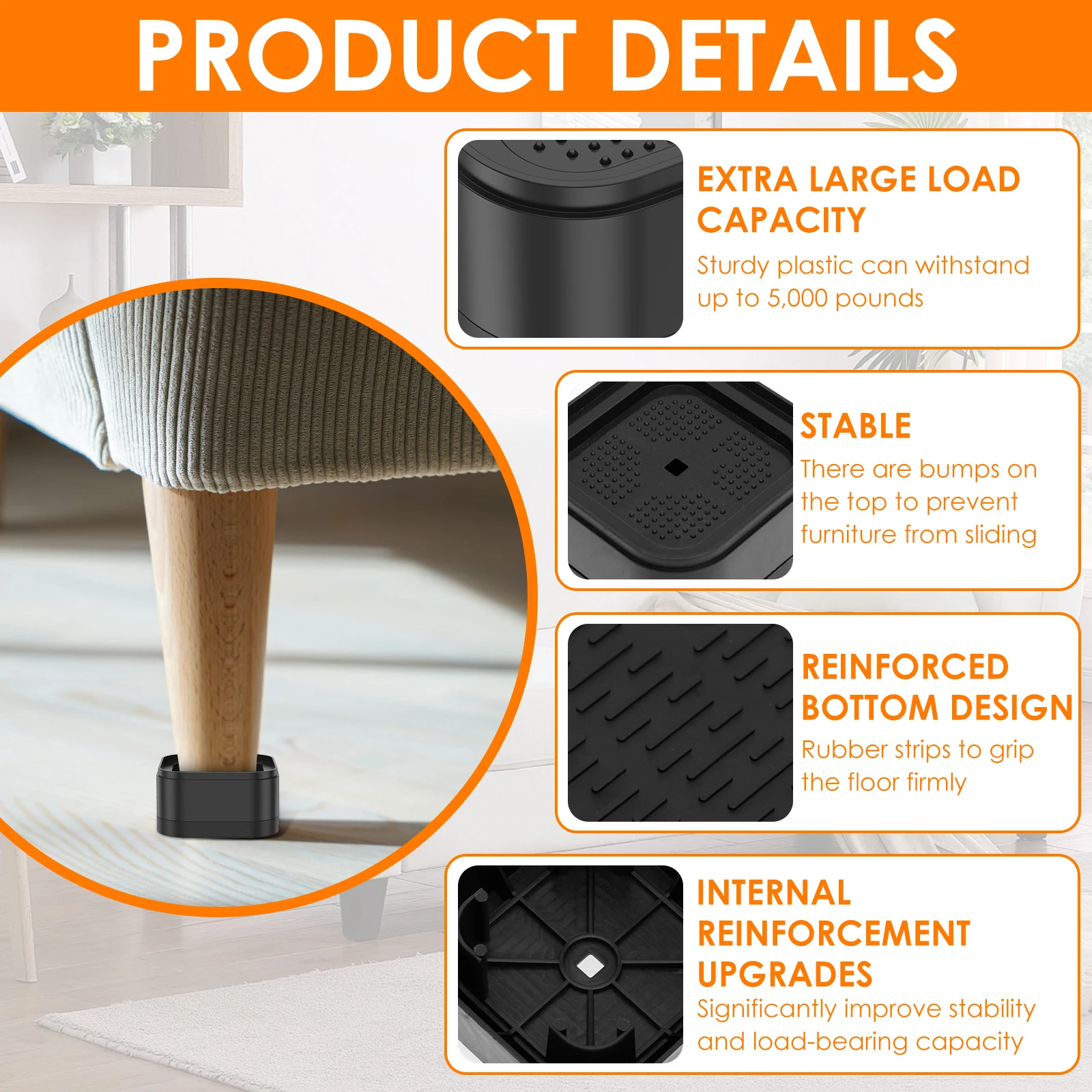 Heavy Duty Adjustable Furniture Risers - Nonslip, Stackable Lifter Set of 4