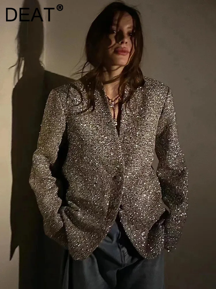 

DEAT Fashion Women's Blazer V-neck Silver Long Sleeves Single Breasted Loose Luxury Suit Jackets Autumn 2024 New Tide 7AB1827