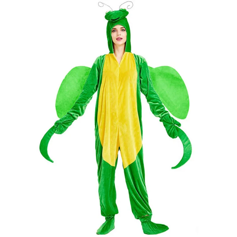 

Adult Women Men Animal Insect Performance Mantis Velvet Jumpsuit Halloween Cosplay Costumes Role Play Outfit