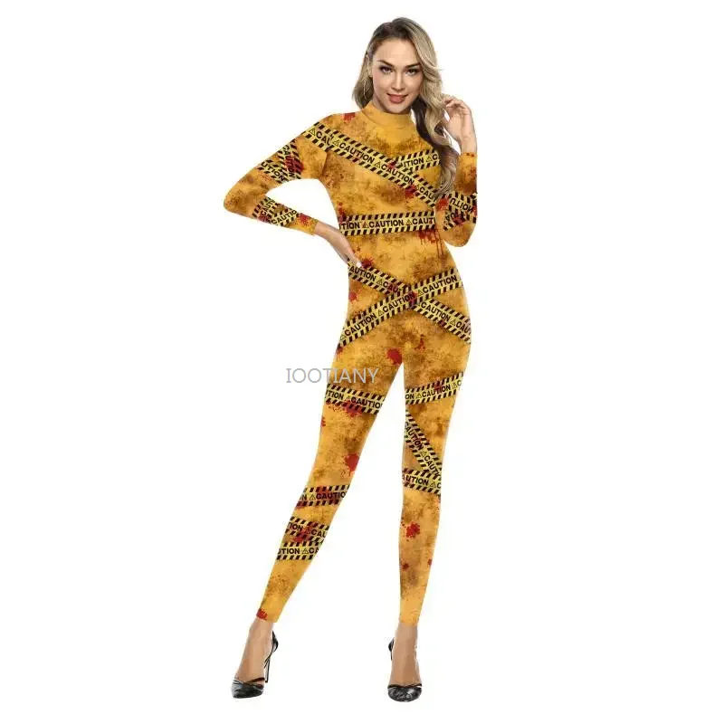 

IOOTIANY Halloween Bloodstain Yellow Warning Line Zentai Bodysuit Women Performance Jumpsuit Zip Catsuit Adult Cosplay Costume