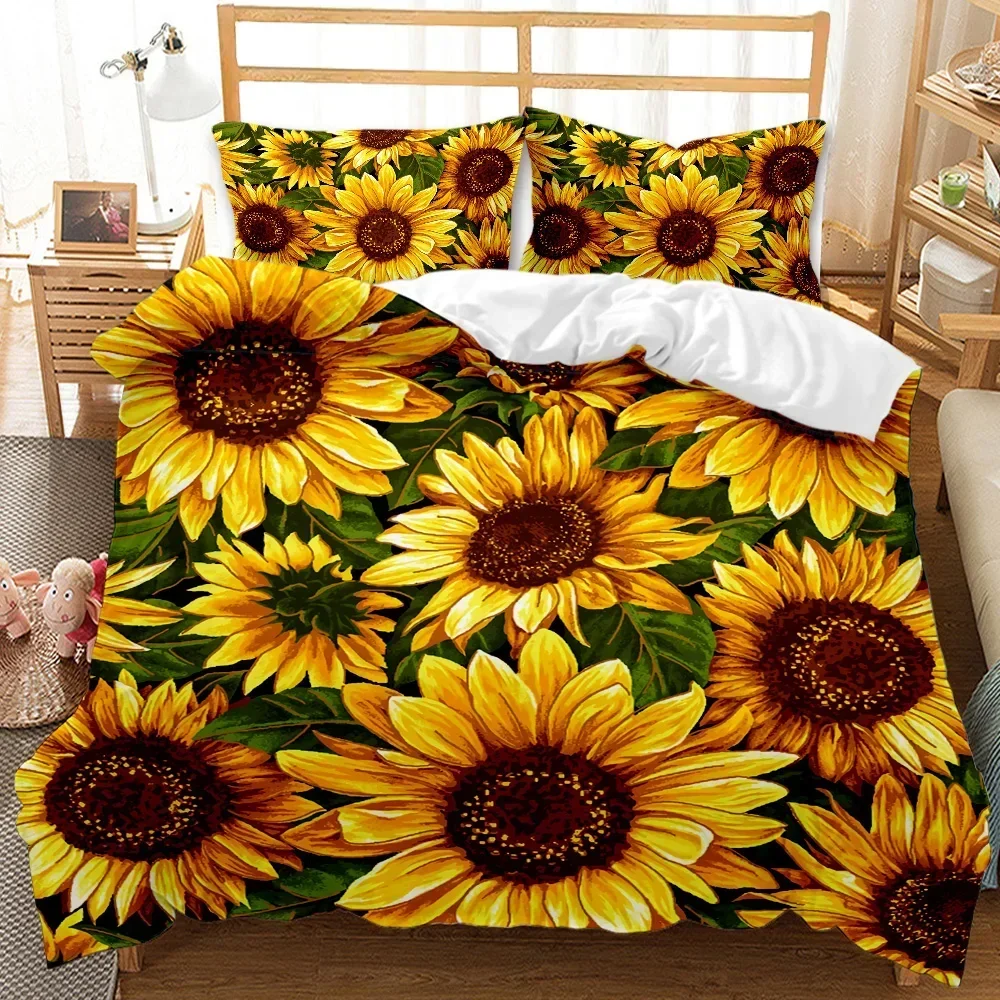 Sunflower Duvet Cover Set Yellow Flower Bedding Set Sunflower Botanical Floral Garden Bloom Print on Black Polyester Quilt Cover